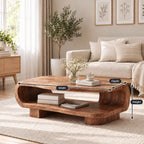 Rounded Coffee Table with Open Lower Shelf on Block Feet, Capsule Frame Solid Wood Storage Table