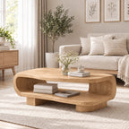 Rounded Coffee Table with Open Lower Shelf on Block Feet, Capsule Frame Solid Wood Storage Table