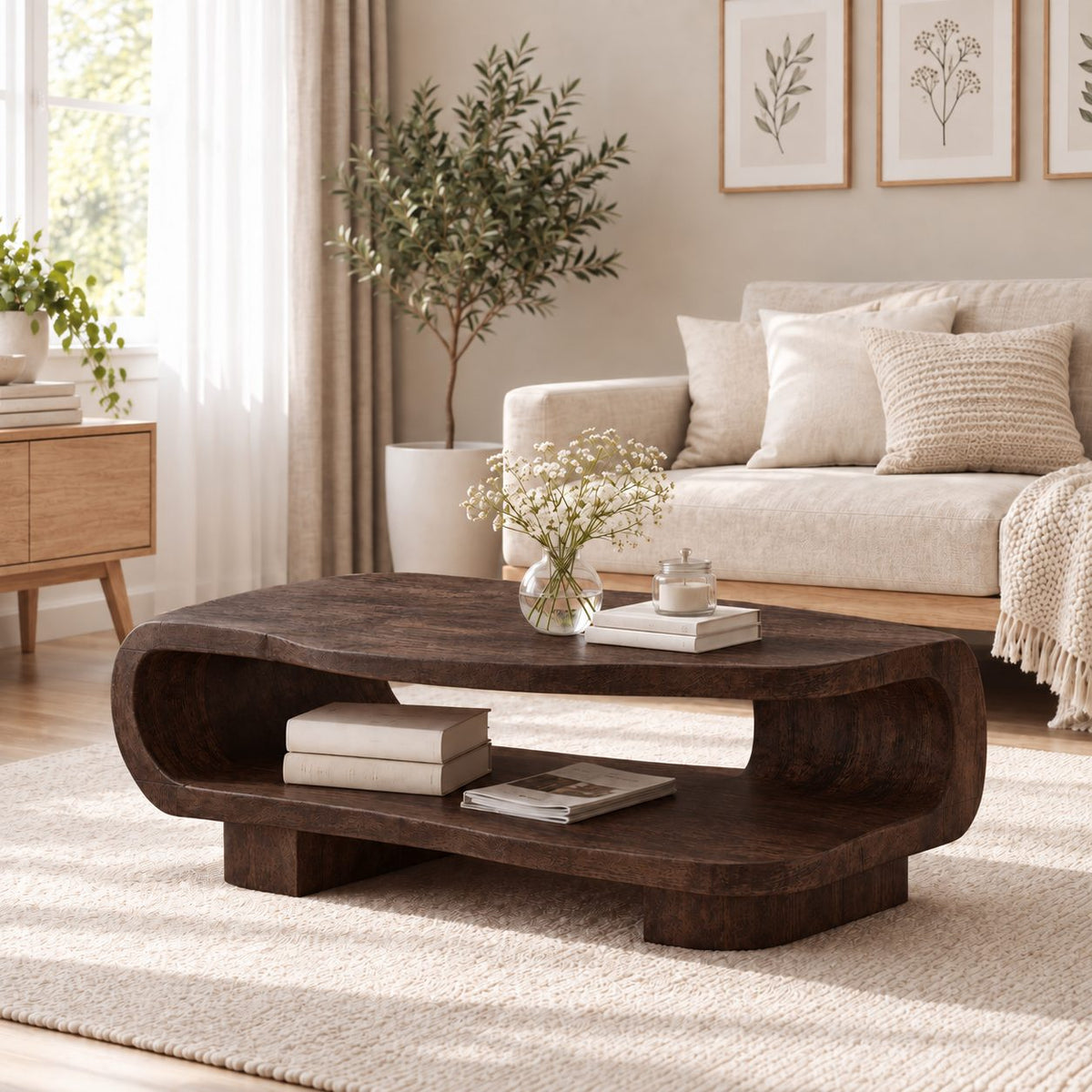 Rounded Coffee Table with Open Lower Shelf on Block Feet, Capsule Frame Solid Wood Storage Table