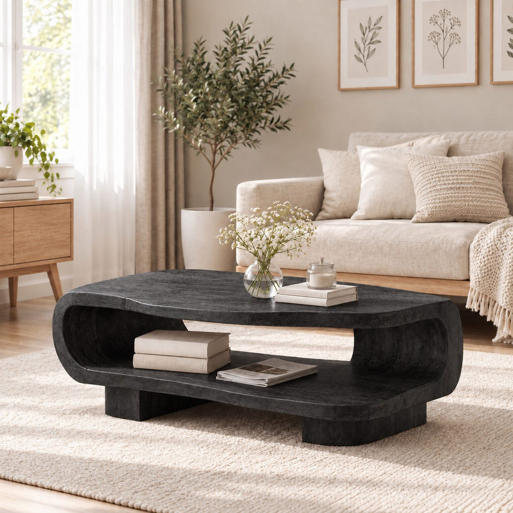 Rounded Coffee Table with Open Lower Shelf on Block Feet, Capsule Frame Solid Wood Storage Table