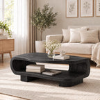 Rounded Coffee Table with Open Lower Shelf on Block Feet, Capsule Frame Solid Wood Storage Table