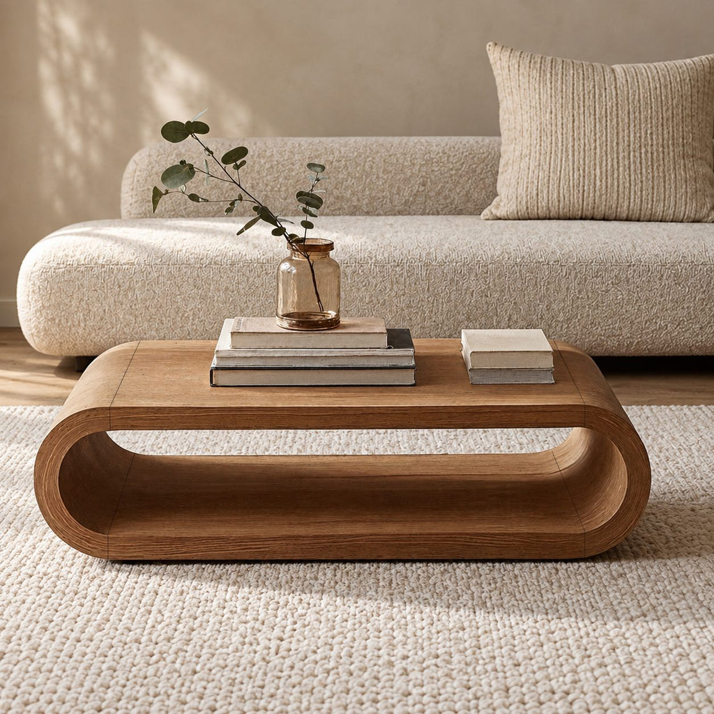 Low Hoop Coffee Table, Continuous Rounded Loop Solid Wood Center Table with Open Middle