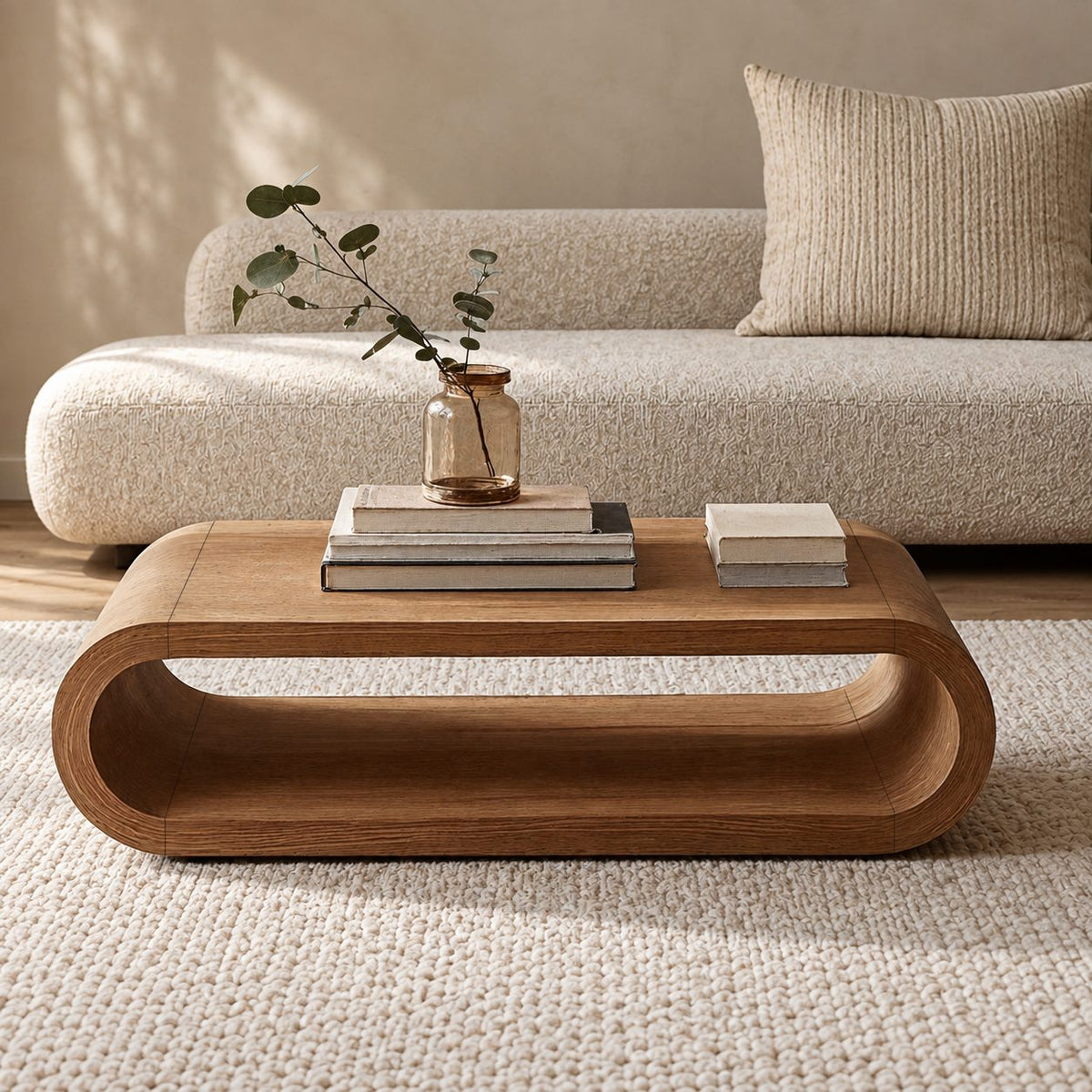 Low Hoop Coffee Table, Continuous Rounded Loop Solid Wood Center Table with Open Middle