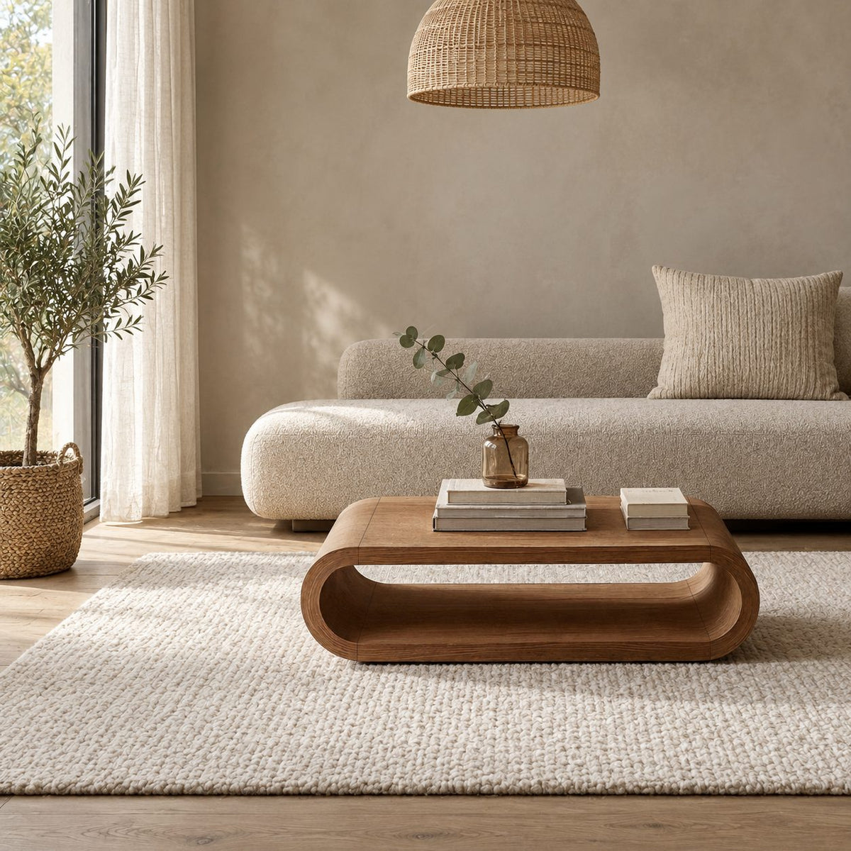Low Hoop Coffee Table, Continuous Rounded Loop Solid Wood Center Table with Open Middle