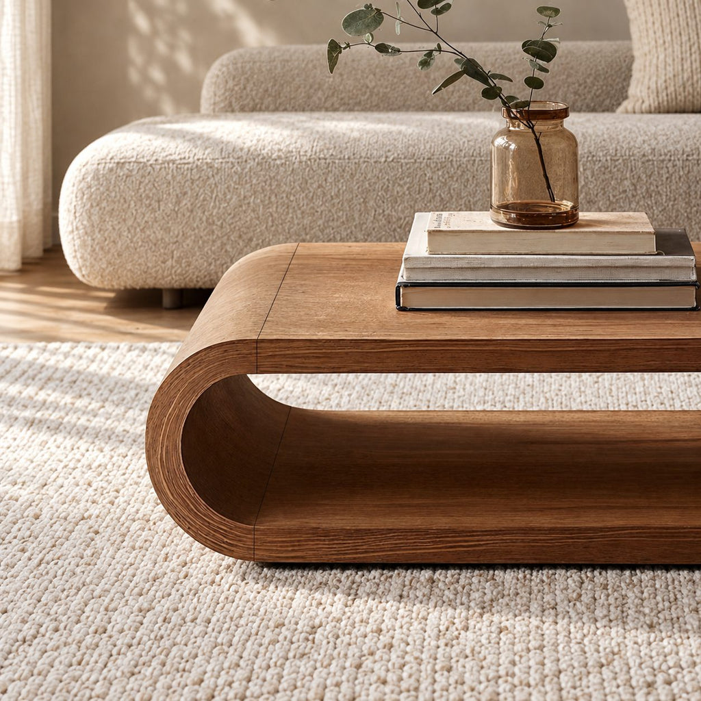 Low Hoop Coffee Table, Continuous Rounded Loop Solid Wood Center Table with Open Middle