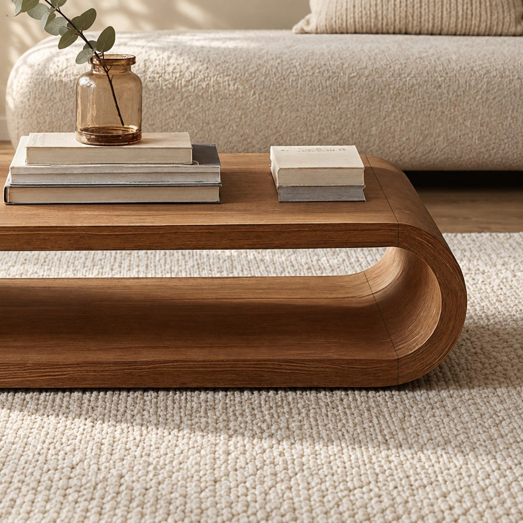 Low Hoop Coffee Table, Continuous Rounded Loop Solid Wood Center Table with Open Middle
