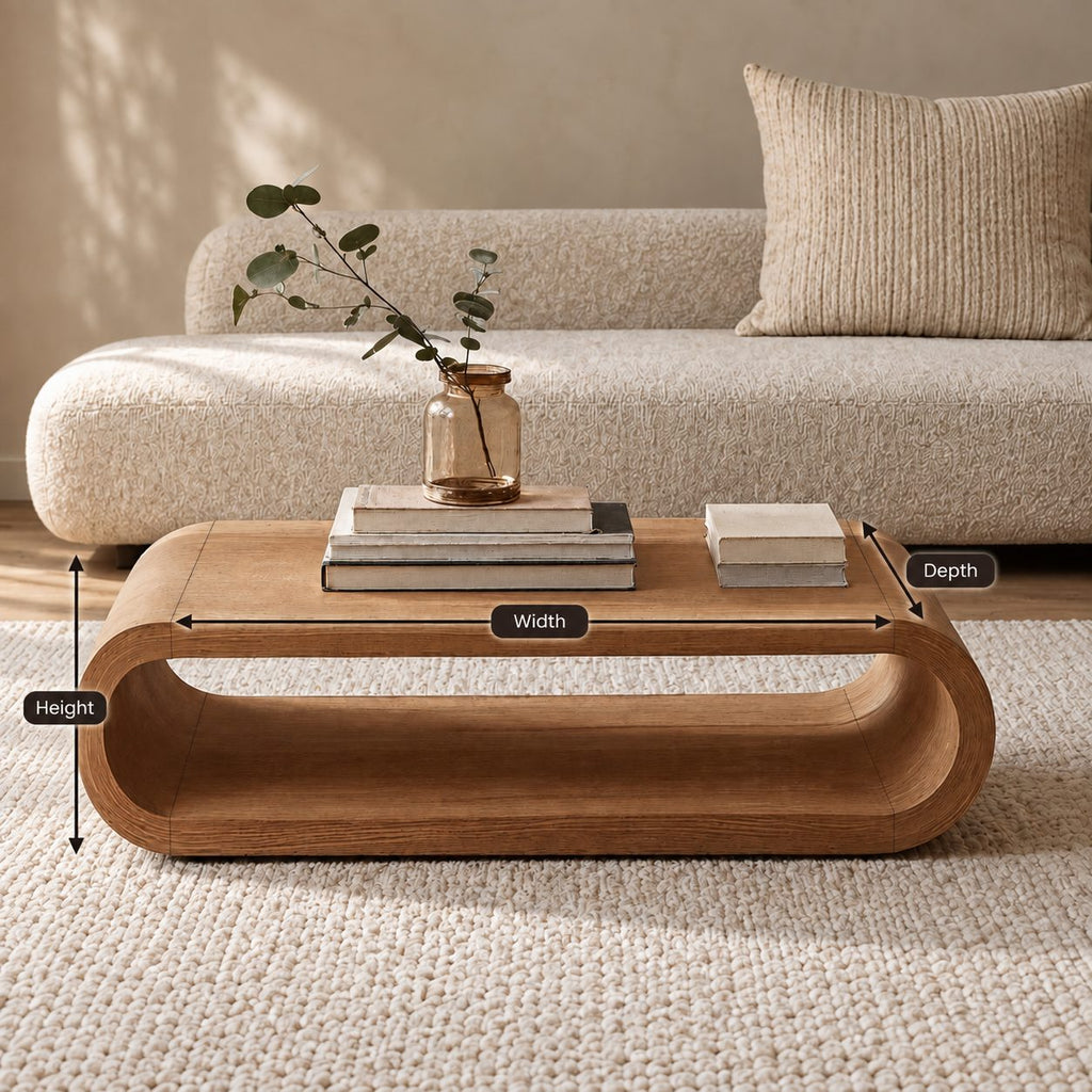 Low Hoop Coffee Table, Continuous Rounded Loop Solid Wood Center Table with Open Middle