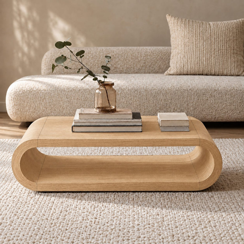 Low Hoop Coffee Table, Continuous Rounded Loop Solid Wood Center Table with Open Middle