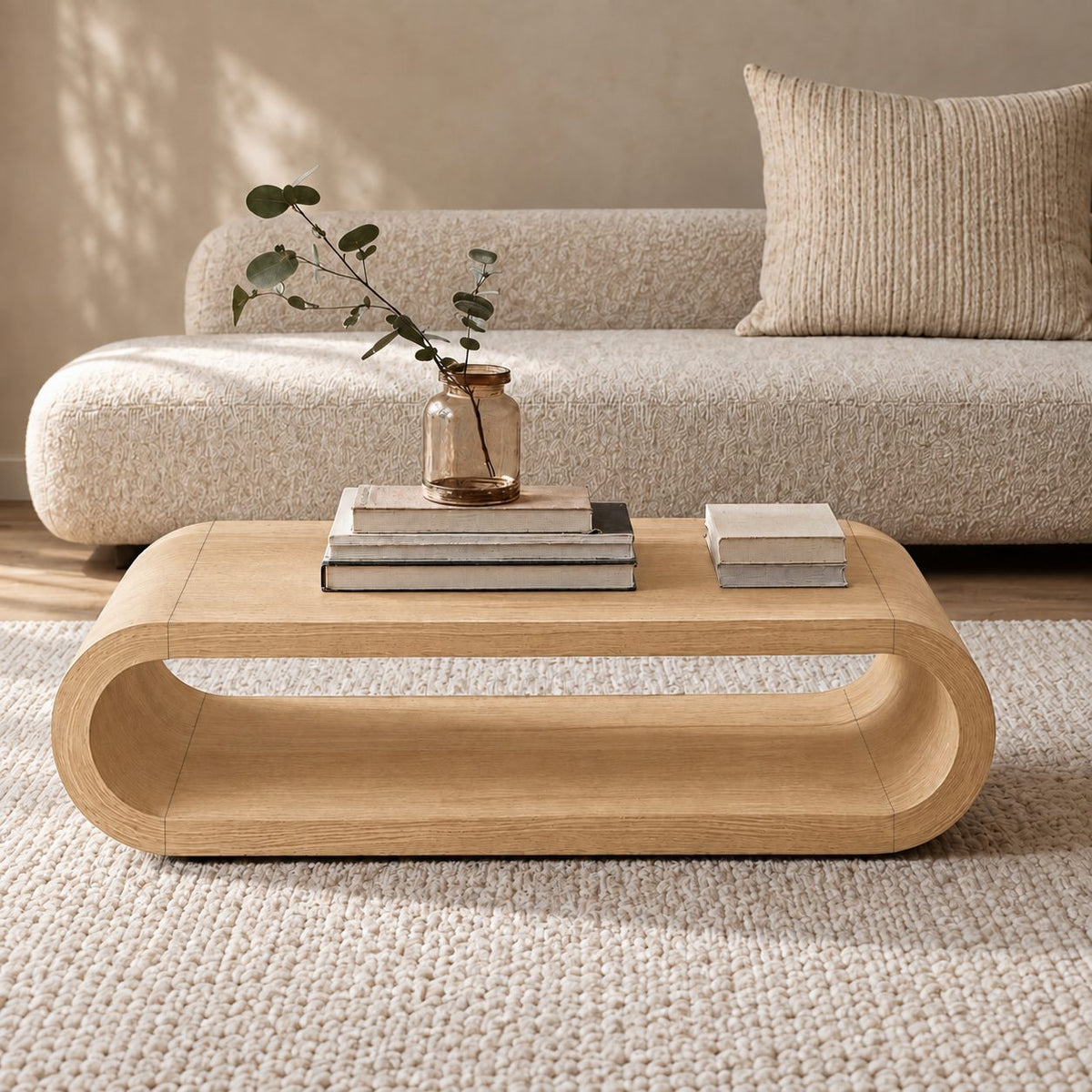 Low Hoop Coffee Table, Continuous Rounded Loop Solid Wood Center Table with Open Middle