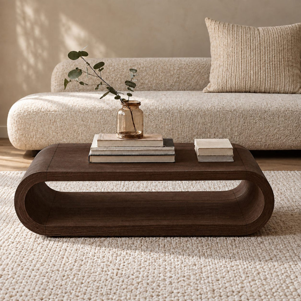 Low Hoop Coffee Table, Continuous Rounded Loop Solid Wood Center Table with Open Middle