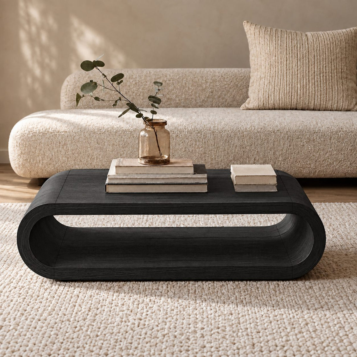 Low Hoop Coffee Table, Continuous Rounded Loop Solid Wood Center Table with Open Middle