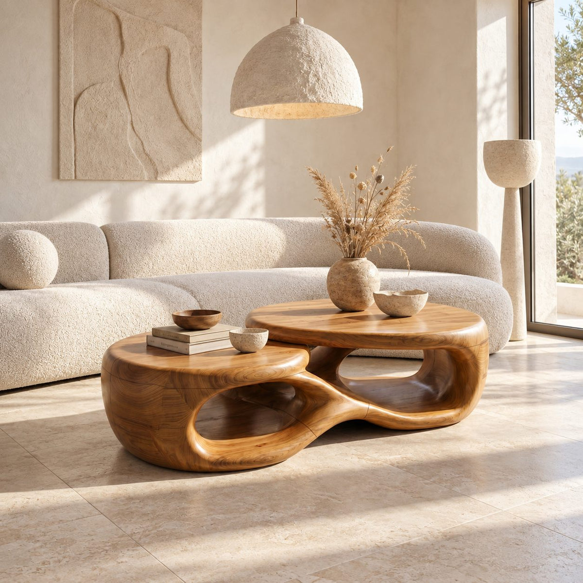 Two Tier Sculptural Coffee Table with Overlapping Round Tops, Organic Open Form Solid Wood Table