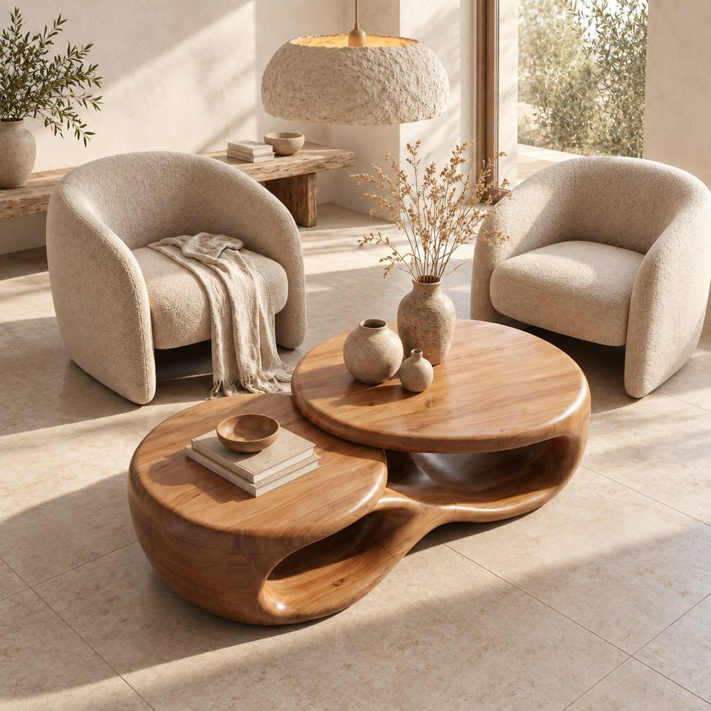 Two Tier Sculptural Coffee Table with Overlapping Round Tops, Organic Open Form Solid Wood Table