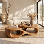 Two Tier Sculptural Coffee Table with Overlapping Round Tops, Organic Open Form Solid Wood Table