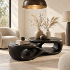 Two Tier Sculptural Coffee Table with Overlapping Round Tops, Organic Open Form Solid Wood Table