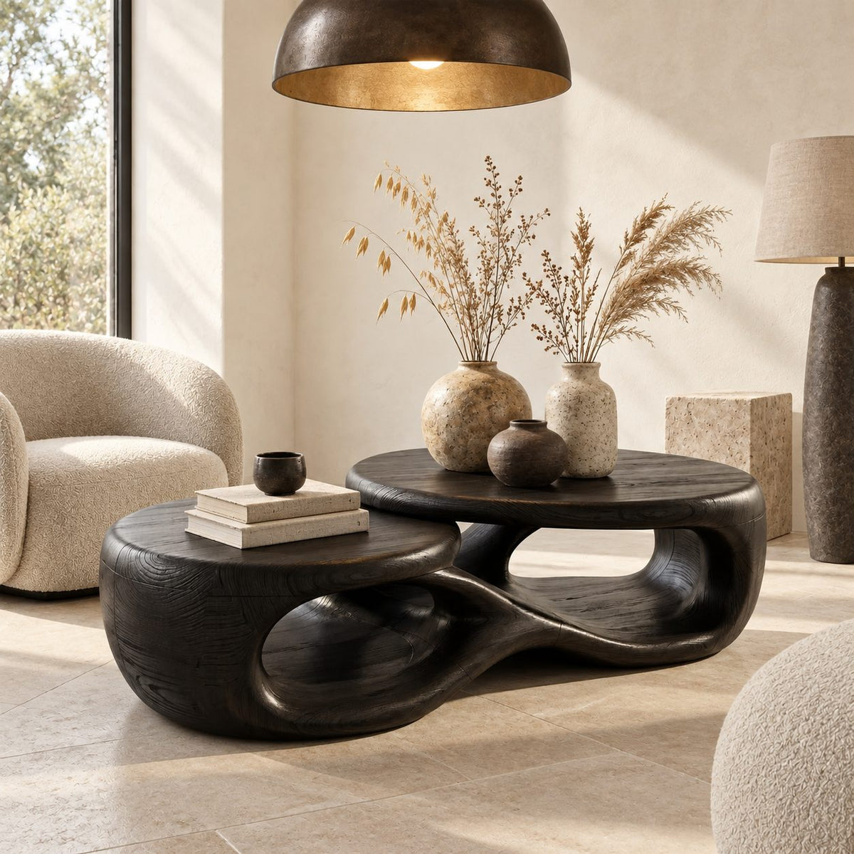 Two Tier Sculptural Coffee Table with Overlapping Round Tops, Organic Open Form Solid Wood Table