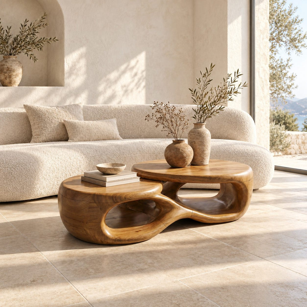 Two Tier Sculptural Coffee Table with Overlapping Round Tops, Organic Open Form Solid Wood Table