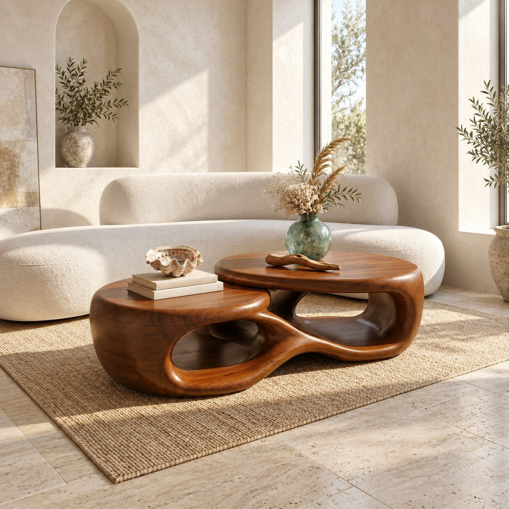 Two Tier Sculptural Coffee Table with Overlapping Round Tops, Organic Open Form Solid Wood Table