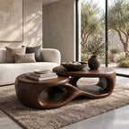 Two Tier Sculptural Coffee Table with Overlapping Round Tops, Organic Open Form Solid Wood Table
