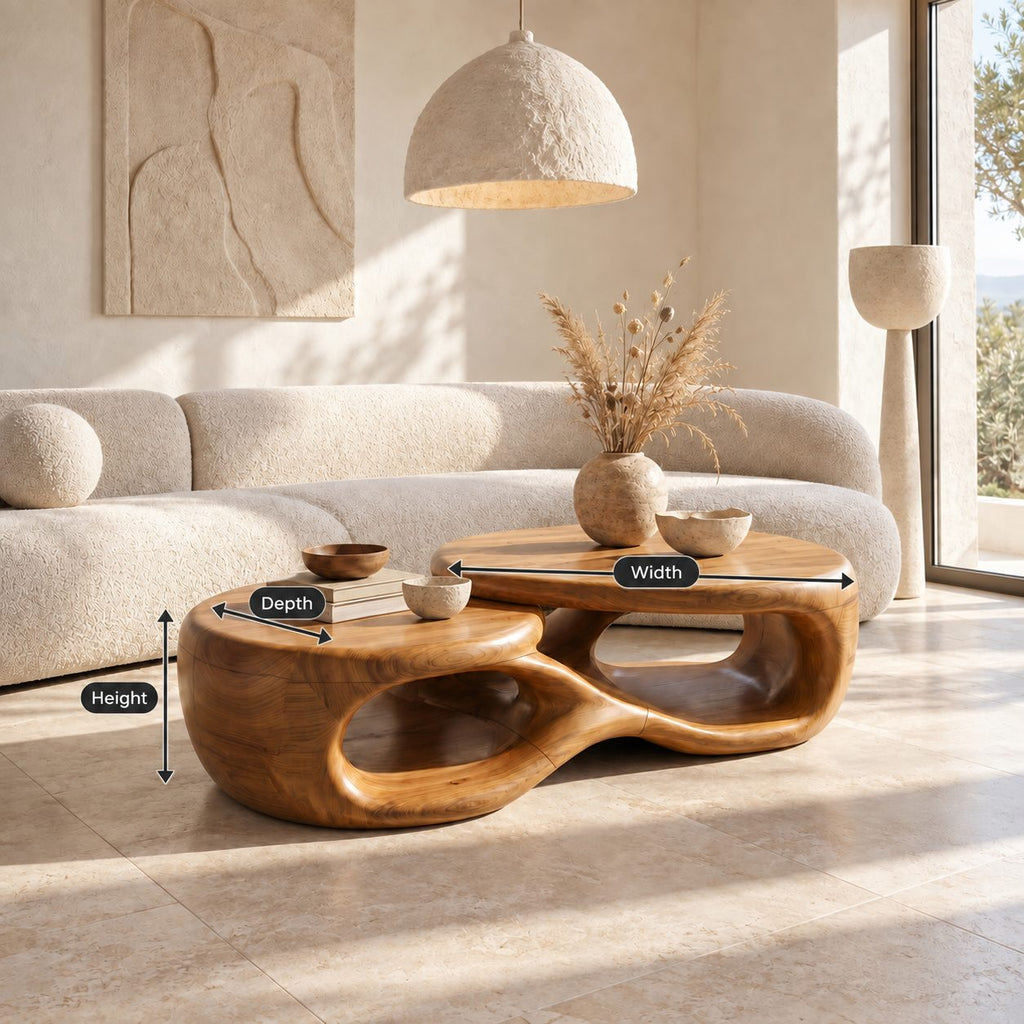 Two Tier Sculptural Coffee Table with Overlapping Round Tops, Organic Open Form Solid Wood Table