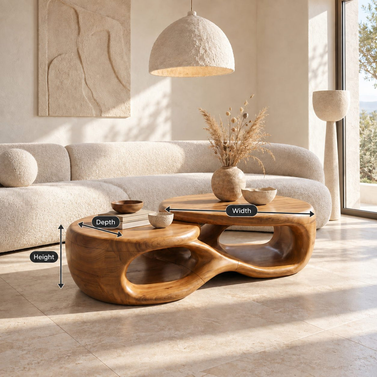 Two Tier Sculptural Coffee Table with Overlapping Round Tops, Organic Open Form Solid Wood Table