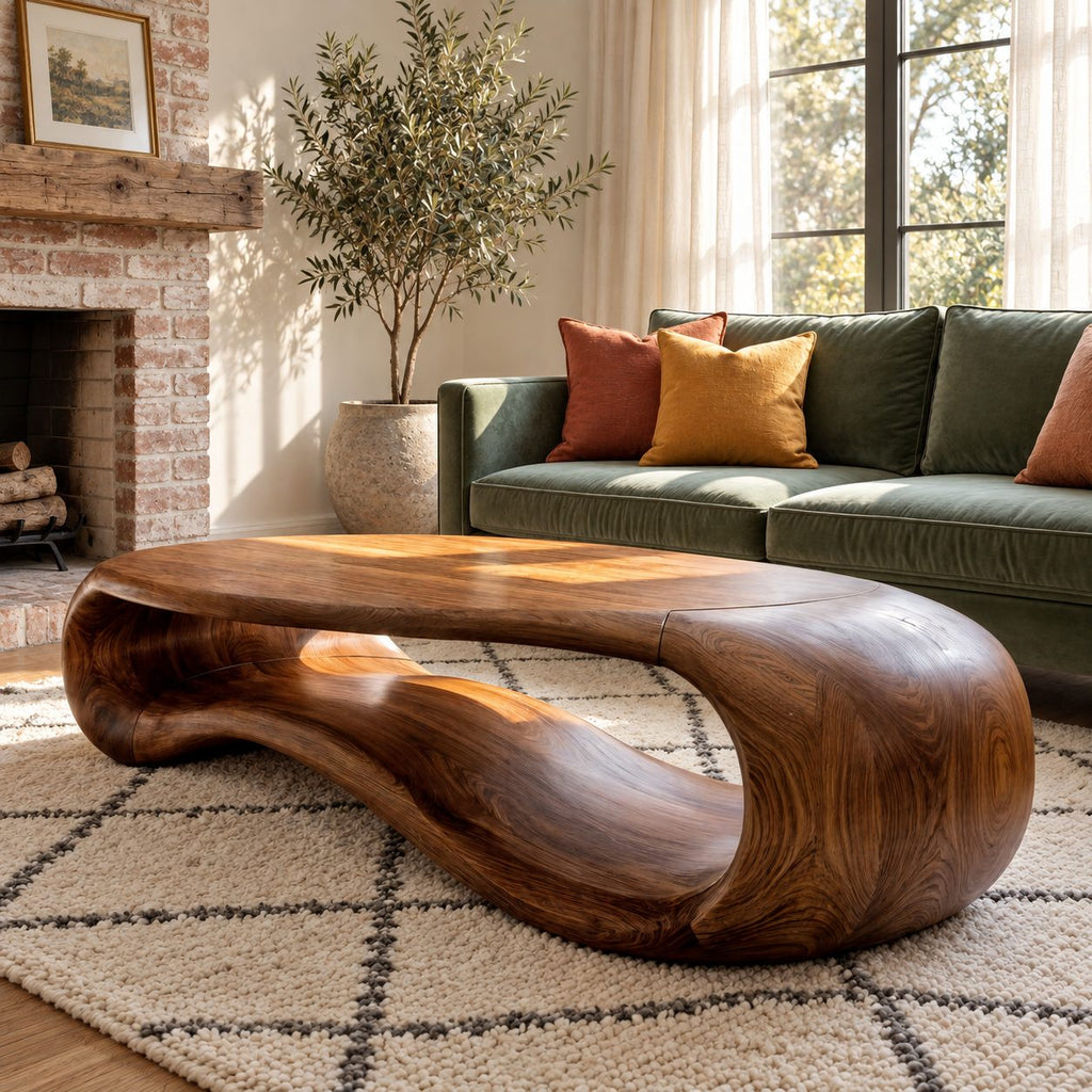Sculptural Loop Coffee Table, Oval Solid Wood Center Table with Open Curved Form for Living Room