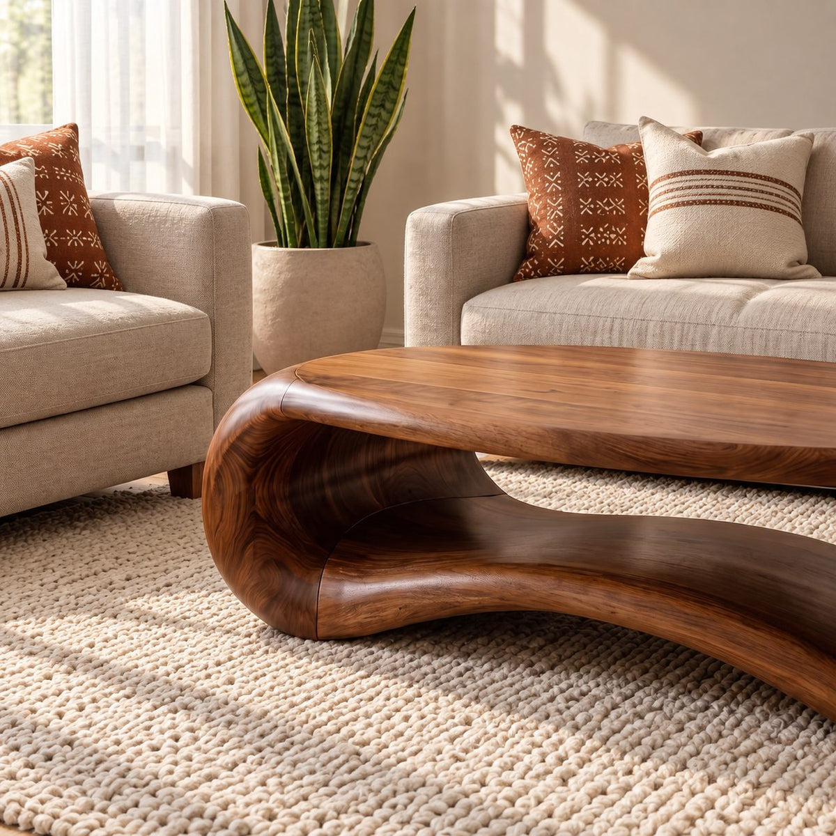 Sculptural Loop Coffee Table, Oval Solid Wood Center Table with Open Curved Form for Living Room