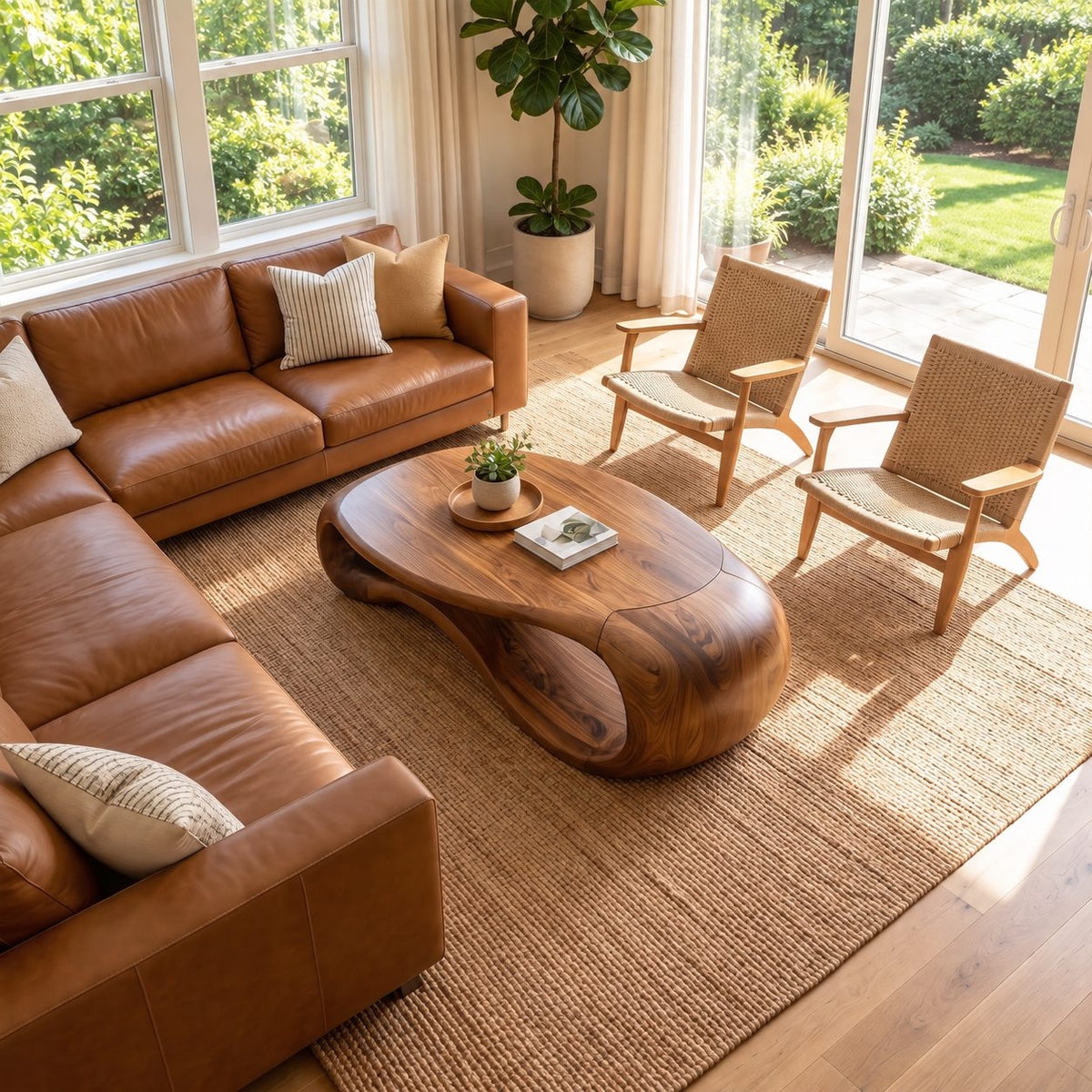 Sculptural Loop Coffee Table, Oval Solid Wood Center Table with Open Curved Form for Living Room