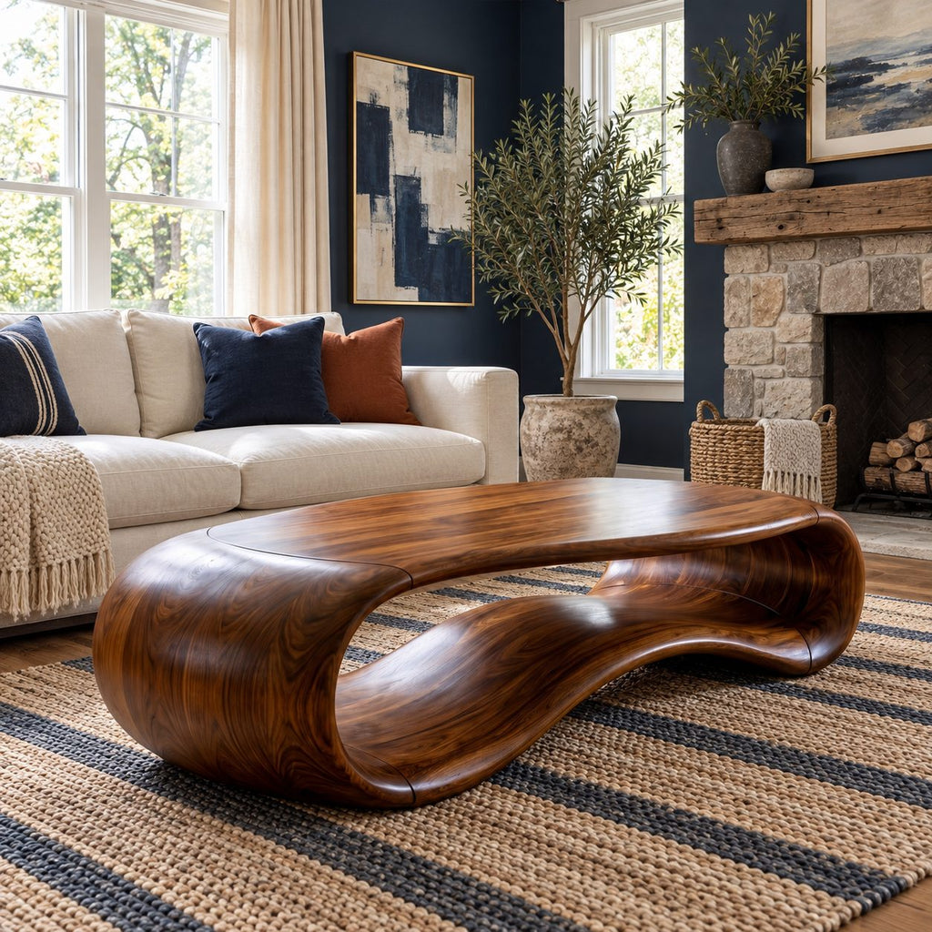 Sculptural Loop Coffee Table, Oval Solid Wood Center Table with Open Curved Form for Living Room