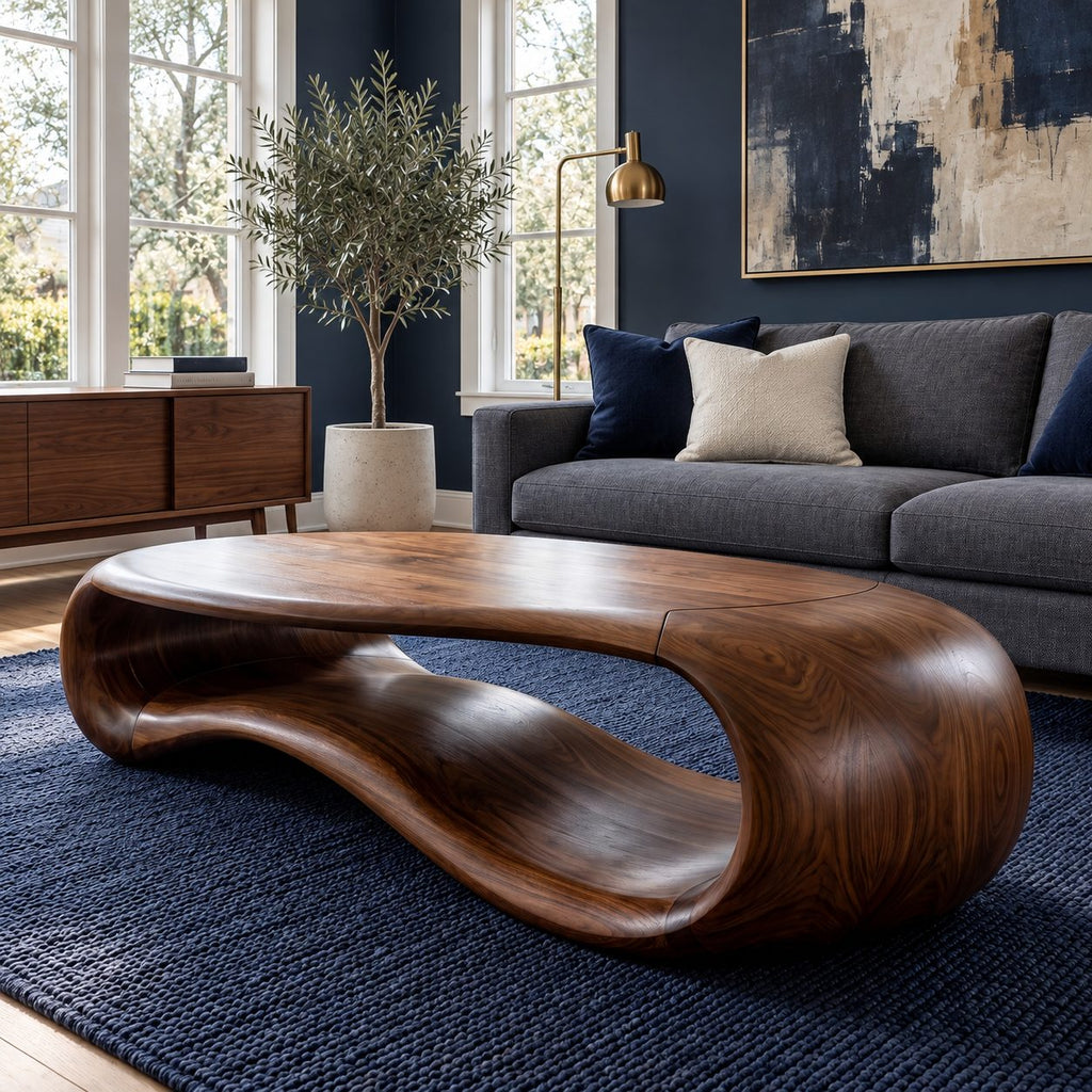 Sculptural Loop Coffee Table, Oval Solid Wood Center Table with Open Curved Form for Living Room