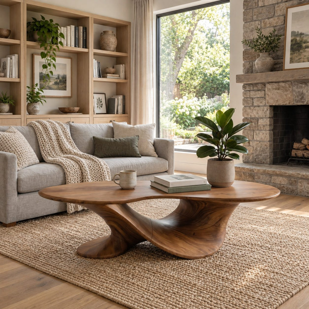 Oval Coffee Table on a Twisted Sculptural Base, Organic Solid Wood Center Table for Living Room