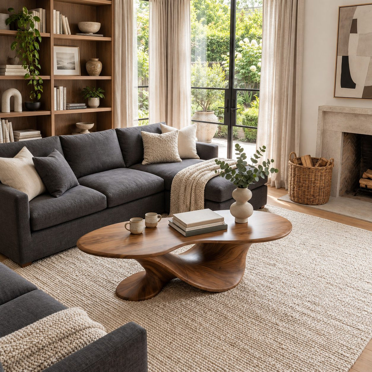 Oval Coffee Table on a Twisted Sculptural Base, Organic Solid Wood Center Table for Living Room