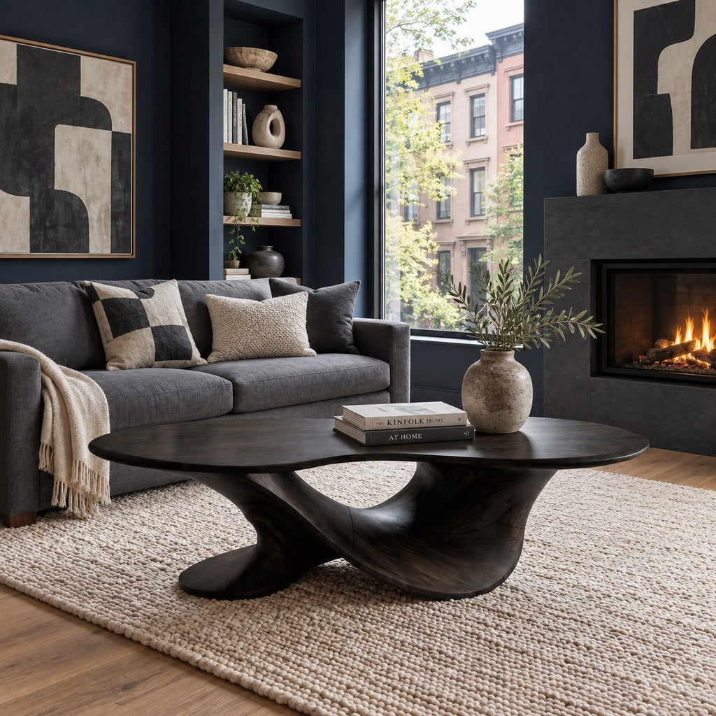 Oval Coffee Table on a Twisted Sculptural Base, Organic Solid Wood Center Table for Living Room