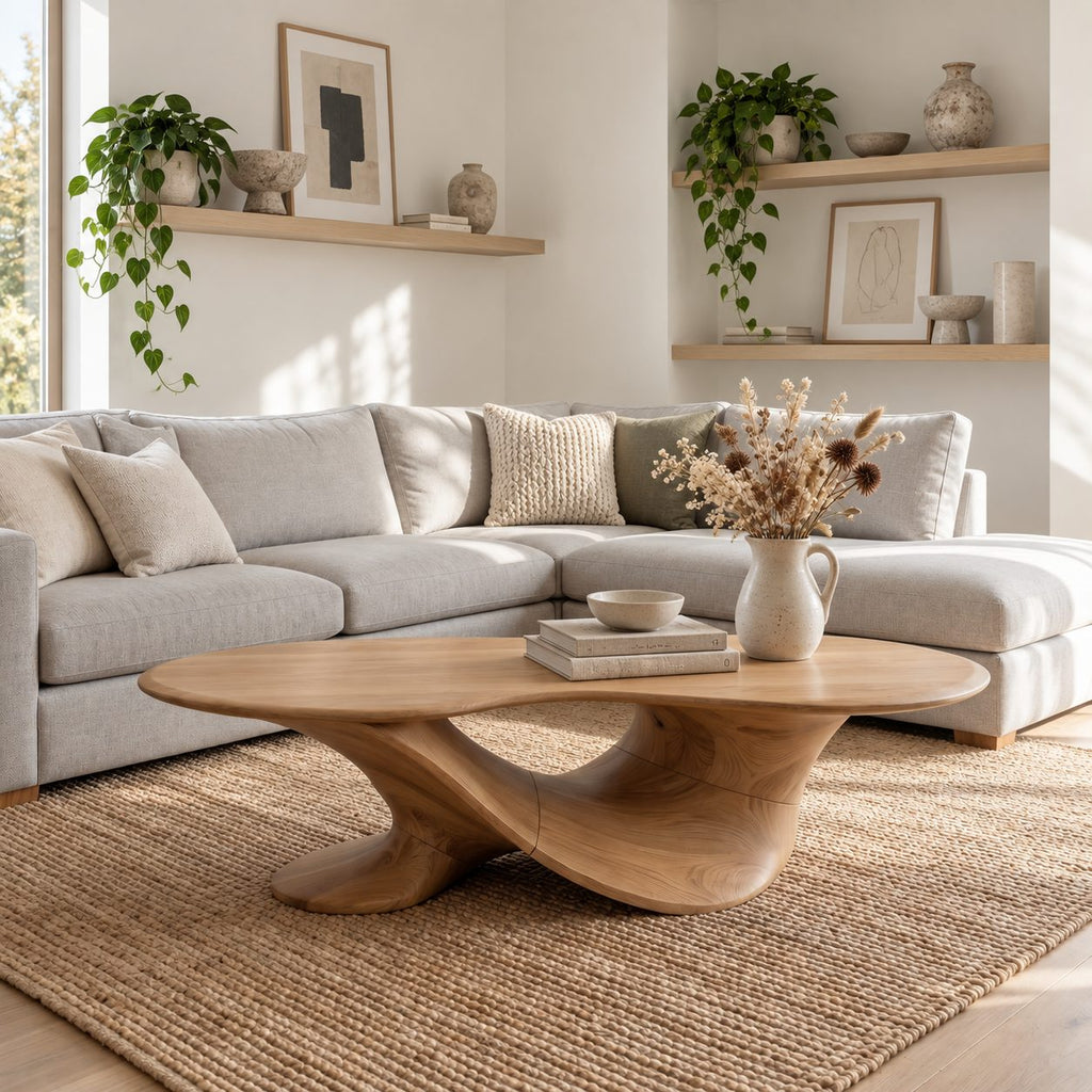 Oval Coffee Table on a Twisted Sculptural Base, Organic Solid Wood Center Table for Living Room