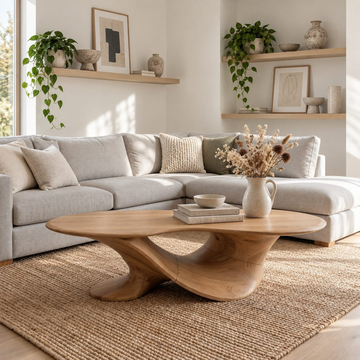 Oval Coffee Table on a Twisted Sculptural Base, Organic Solid Wood Center Table for Living Room