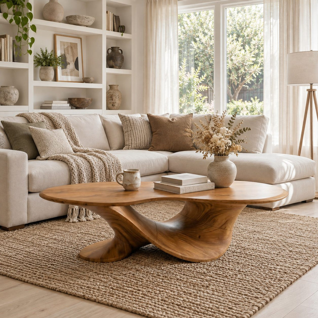 Oval Coffee Table on a Twisted Sculptural Base, Organic Solid Wood Center Table for Living Room