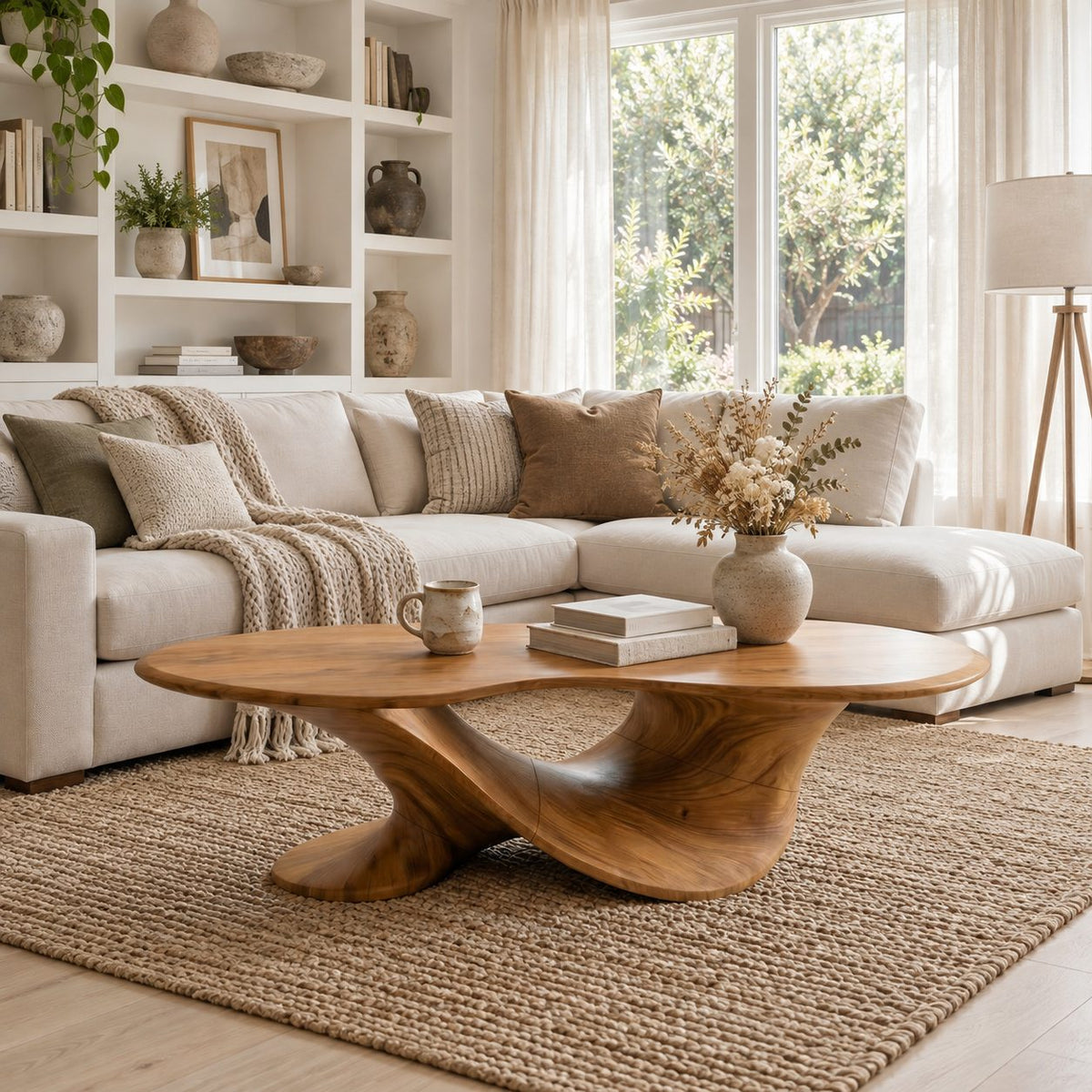 Oval Coffee Table on a Twisted Sculptural Base, Organic Solid Wood Center Table for Living Room