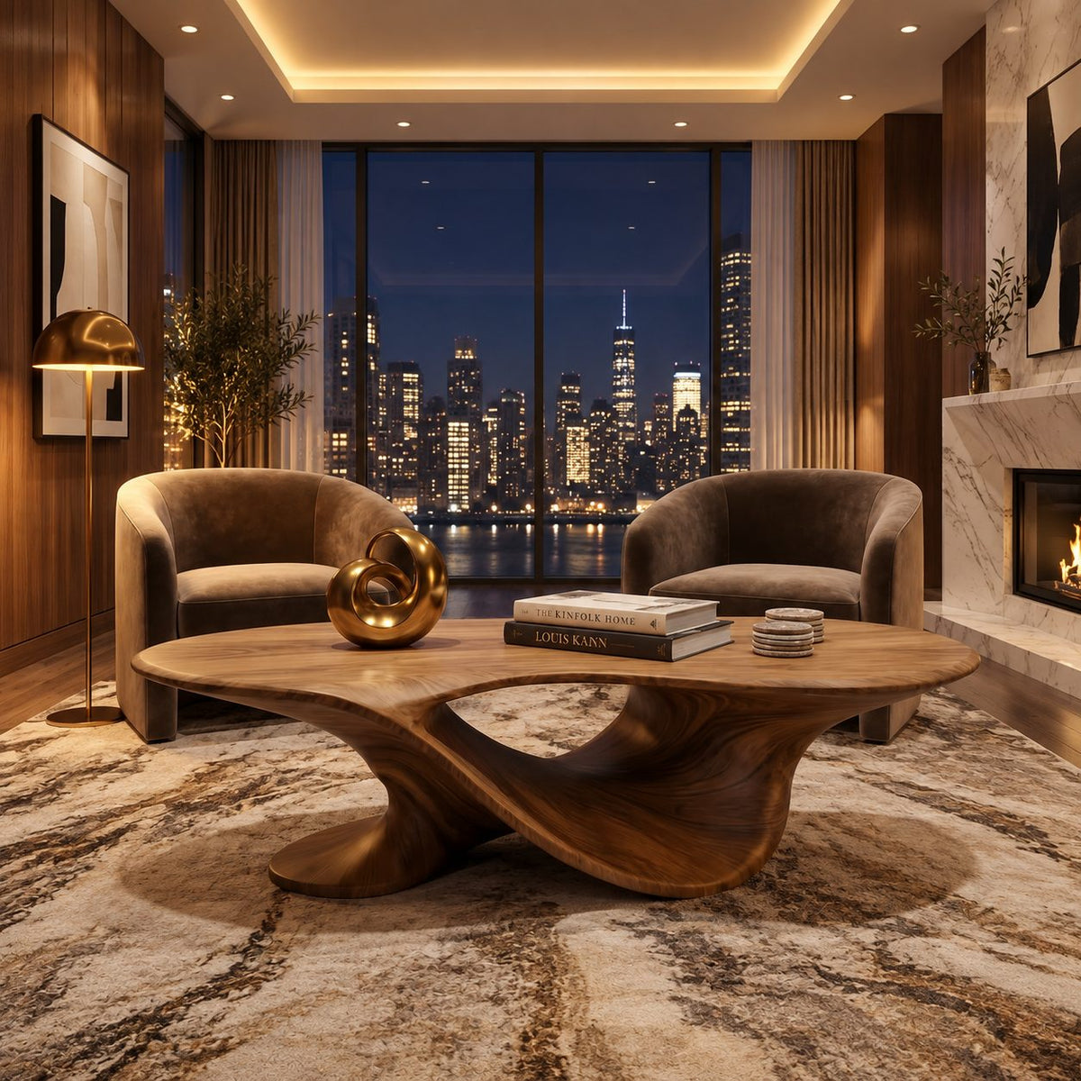 Oval Coffee Table on a Twisted Sculptural Base, Organic Solid Wood Center Table for Living Room