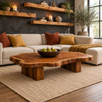Live Edge Coffee Table on Chunky Block Legs, Natural Slab Solid Wood Center Table for Living Room
