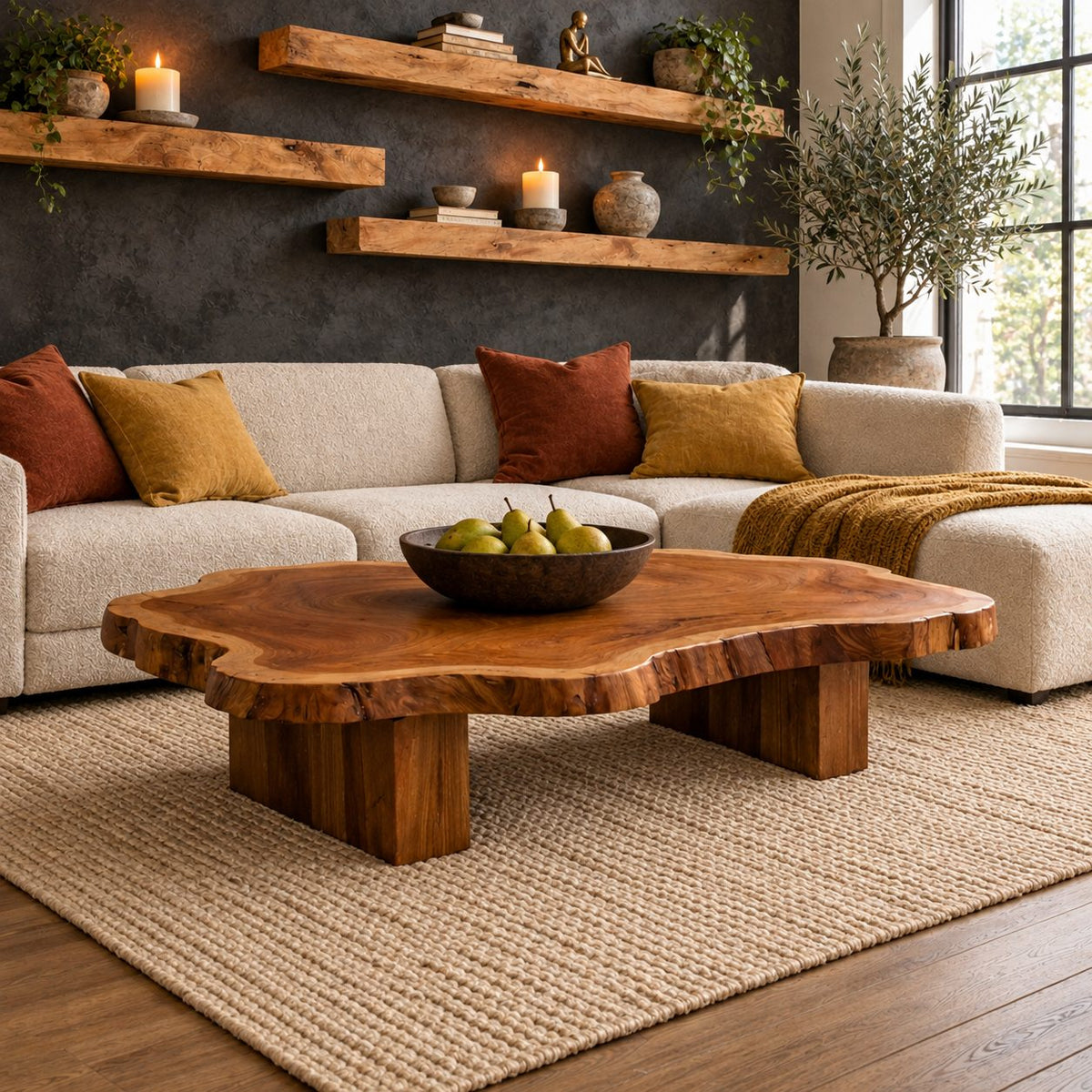 Live Edge Coffee Table on Chunky Block Legs, Natural Slab Solid Wood Center Table for Living Room