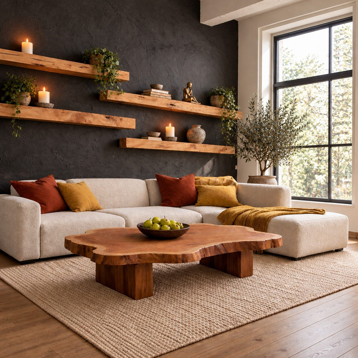 Live Edge Coffee Table on Chunky Block Legs, Natural Slab Solid Wood Center Table for Living Room