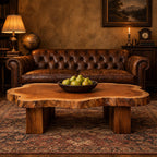 Live Edge Coffee Table on Chunky Block Legs, Natural Slab Solid Wood Center Table for Living Room