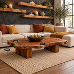 Live Edge Coffee Table on Chunky Block Legs, Natural Slab Solid Wood Center Table for Living Room