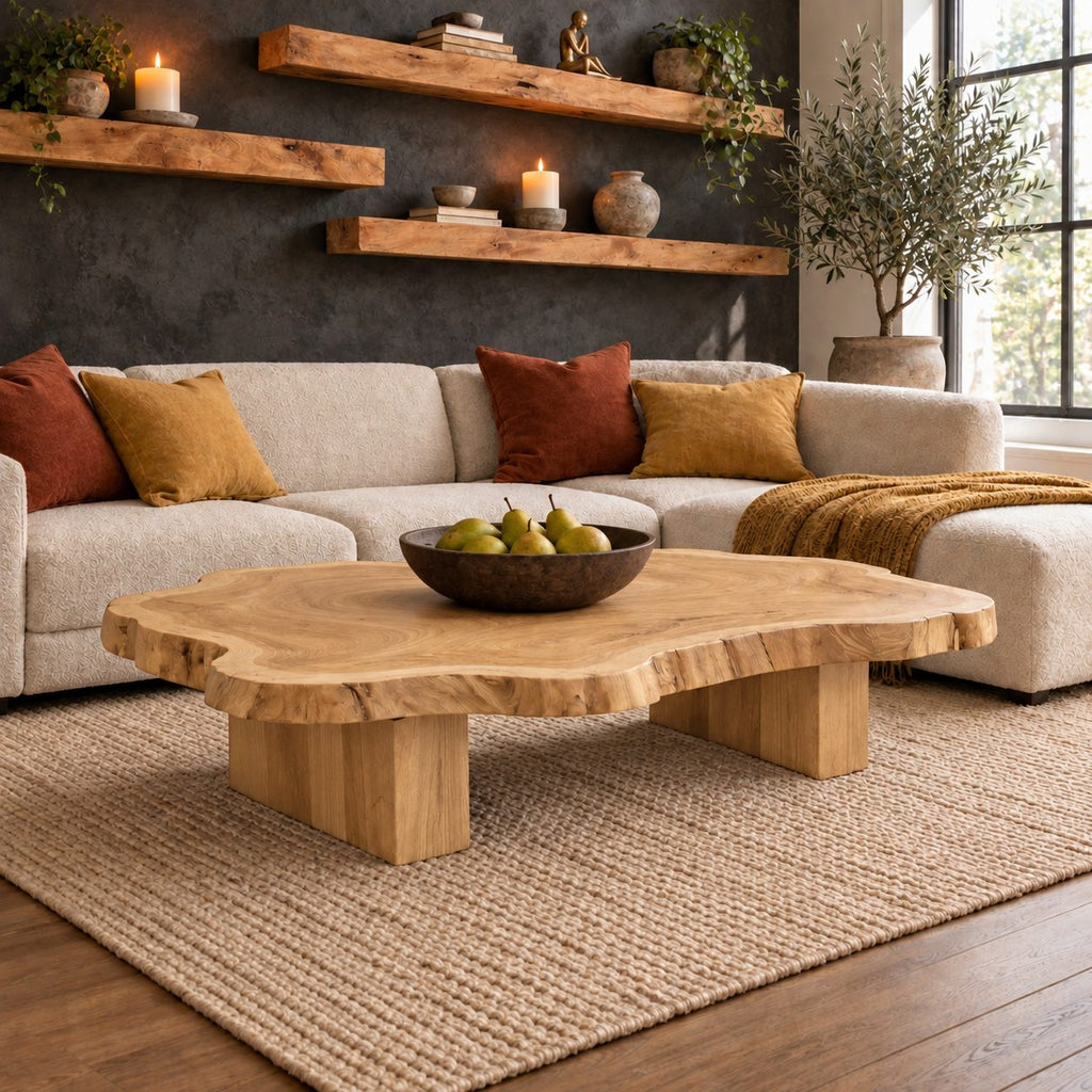 Live Edge Coffee Table on Chunky Block Legs, Natural Slab Solid Wood Center Table for Living Room