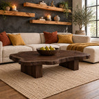 Live Edge Coffee Table on Chunky Block Legs, Natural Slab Solid Wood Center Table for Living Room