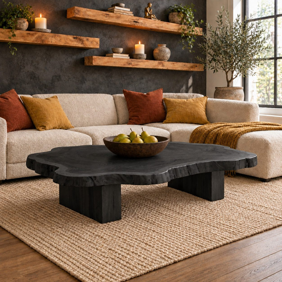 Live Edge Coffee Table on Chunky Block Legs, Natural Slab Solid Wood Center Table for Living Room