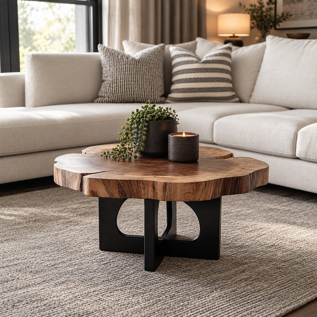 Live Edge Round Coffee Table with Cross Panel Base, Natural Slab Solid Wood Table for Living Room