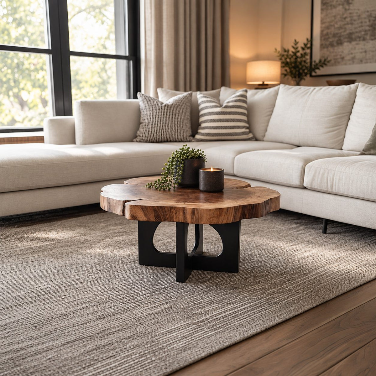 Live Edge Round Coffee Table with Cross Panel Base, Natural Slab Solid Wood Table for Living Room