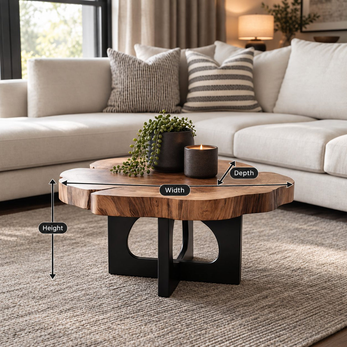 Live Edge Round Coffee Table with Cross Panel Base, Natural Slab Solid Wood Table for Living Room