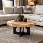 Live Edge Round Coffee Table with Cross Panel Base, Natural Slab Solid Wood Table for Living Room